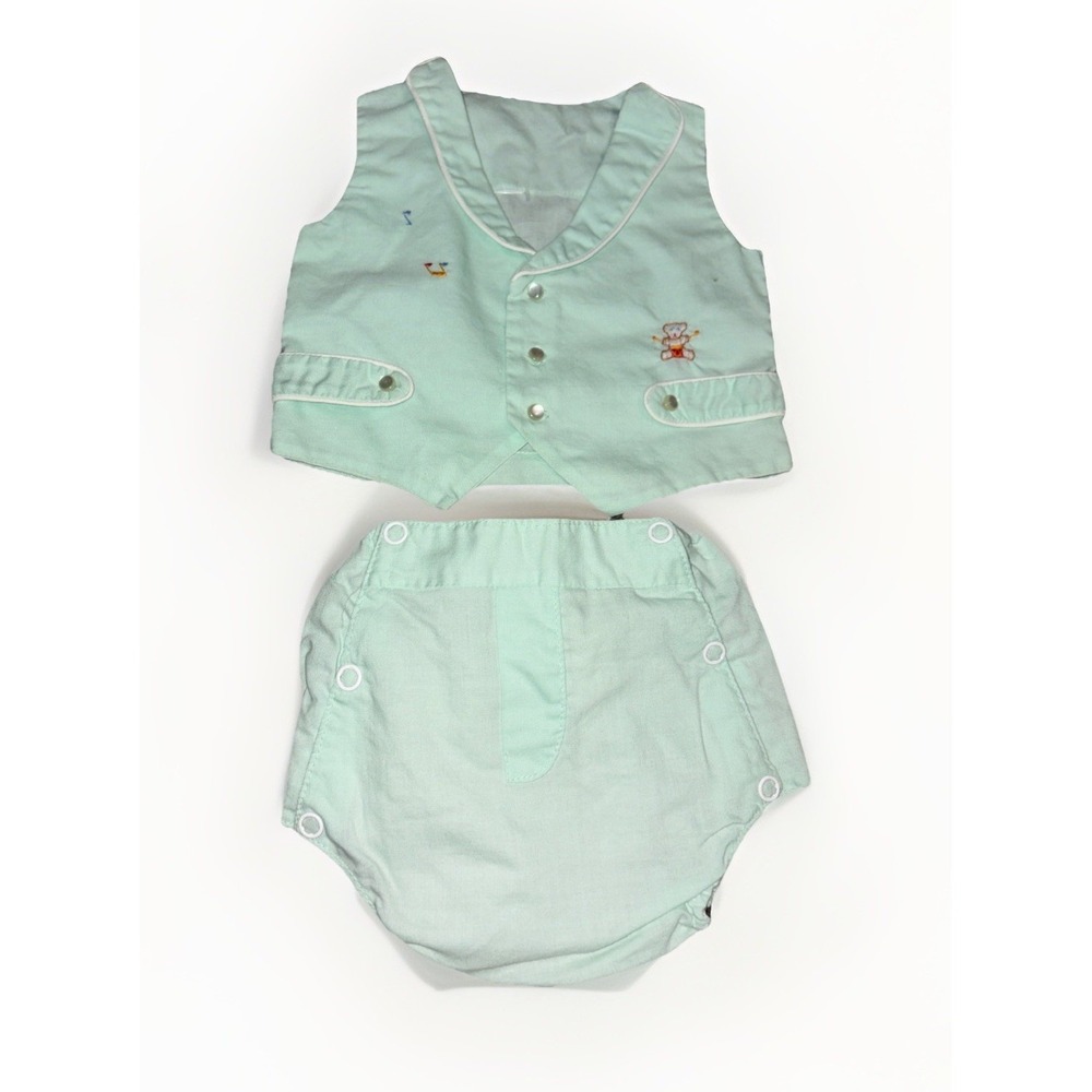 Vtg 1970s Baby Boy 2 Piece Vest and Diaper Cover Set Pastel Sage Green‎ Bear